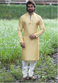 Yellow with White Color Silk Fabric Kurta Set